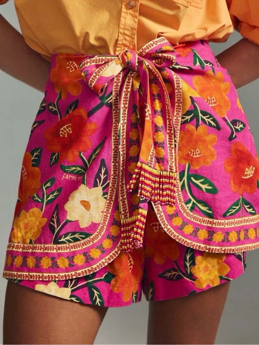 Farm Rio Boho Floral Tie-Waist Shorts in Bright Pink